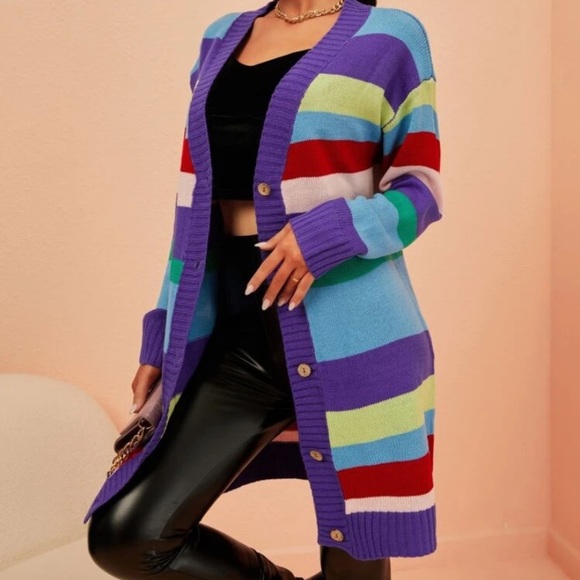 NEW INVENTORY 🎆Rainbow Stripe Pattern Drop Shoulder Cardigan🎆 - Picture 7 of 11